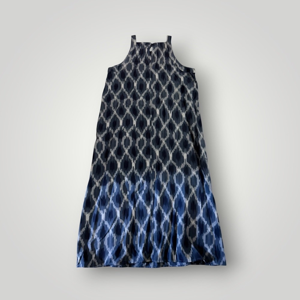 Pure Jill Maxi Dress Women Large Blue Ikat Diamond Sleeveless Lagenlook Coastal - Picture 3 of 8